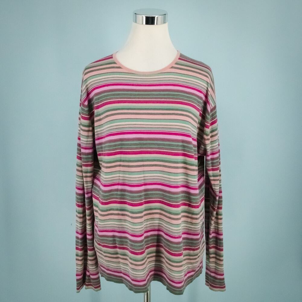 Burberry Size Medium M Pink Stripe Print Crew Long Sleeve Cotton Knit Sweater